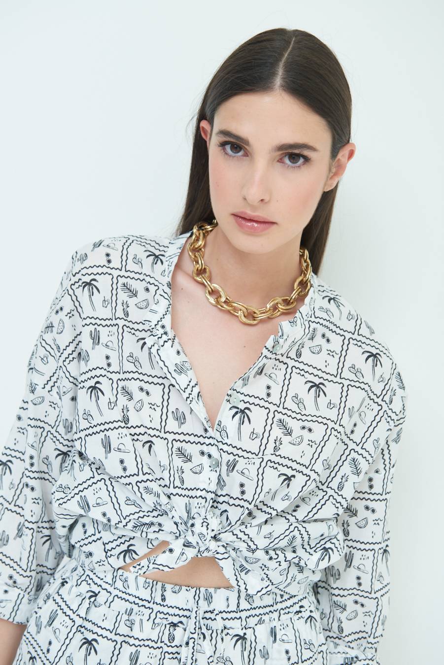 Kikisix CAMICIA CON NODO STAMPAPALME BIANCO Nuova