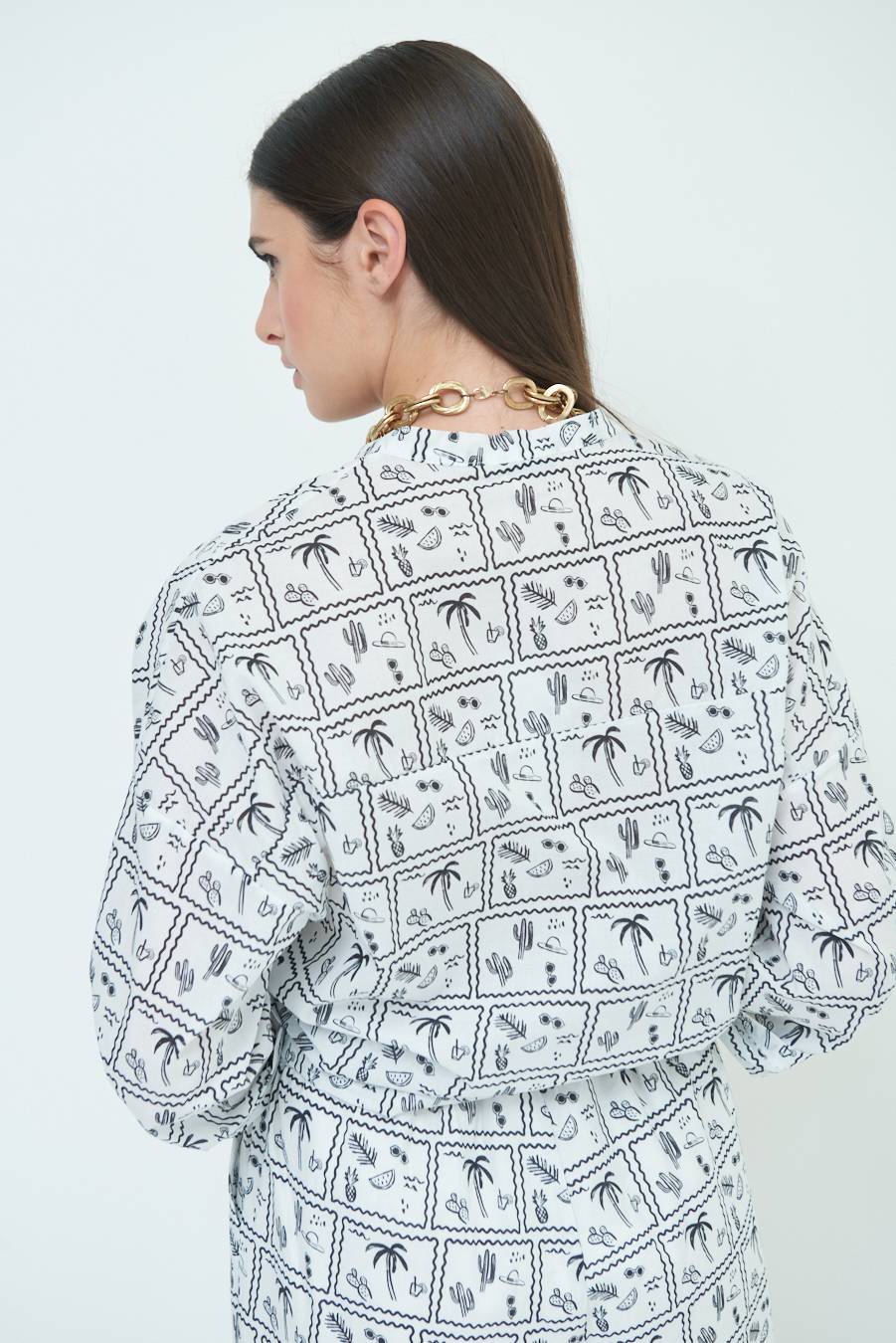 Kikisix CAMICIA CON NODO STAMPAPALME BIANCO Nuova
