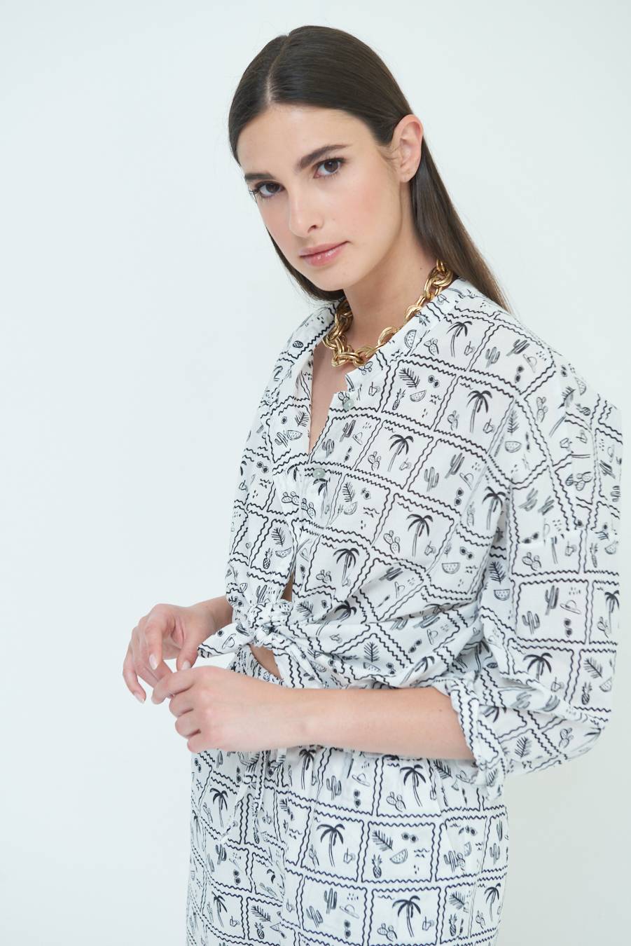 Kikisix CAMICIA CON NODO STAMPAPALME BIANCO Nuova