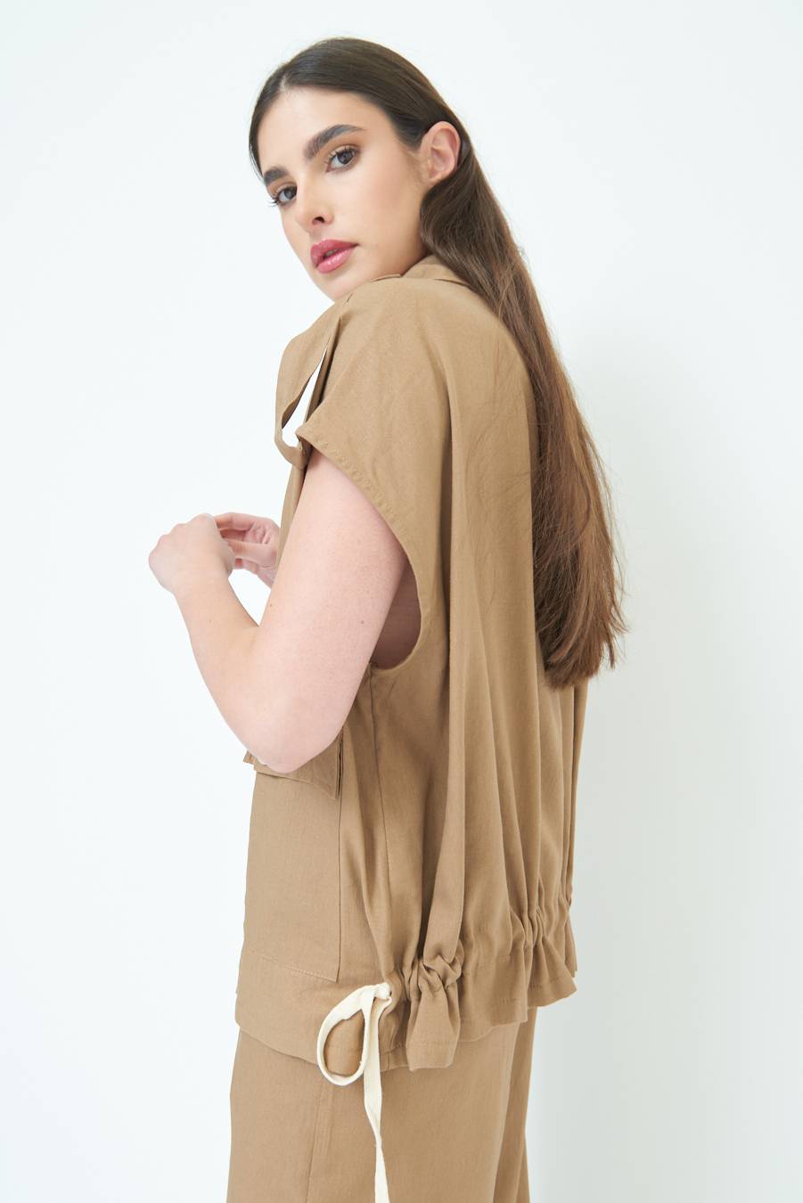 Kikisix GIACCA CAMICIA CON TASCHE VISCOSA LINO TABACCO Nuovo