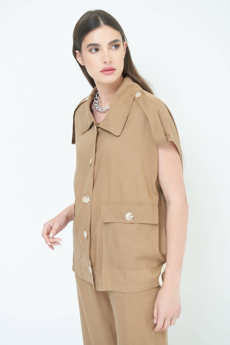 Kikisix GIACCA CAMICIA CON TASCHE VISCOSA LINO TABACCO Nuovo