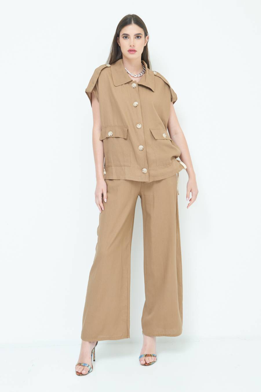 Kikisix GIACCA CAMICIA CON TASCHE VISCOSA LINO TABACCO Nuovo