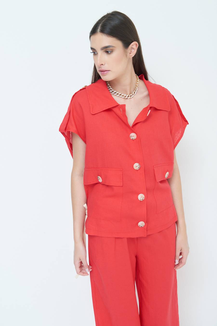 Kikisix GIACCA CAMICIA CON TASCHE VISCOSA LINO ROSSO Vendita