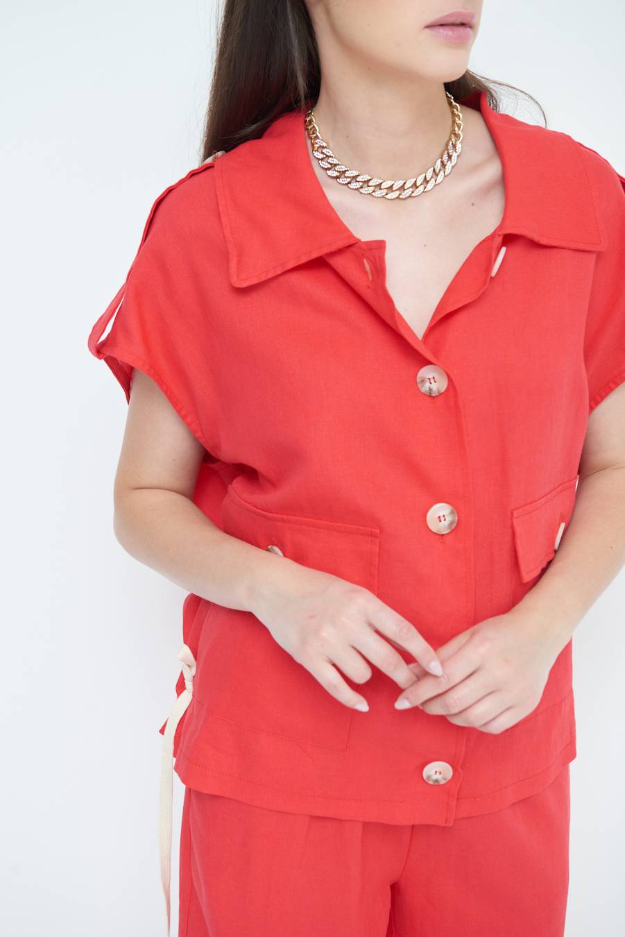 Kikisix GIACCA CAMICIA CON TASCHE VISCOSA LINO ROSSO Vendita