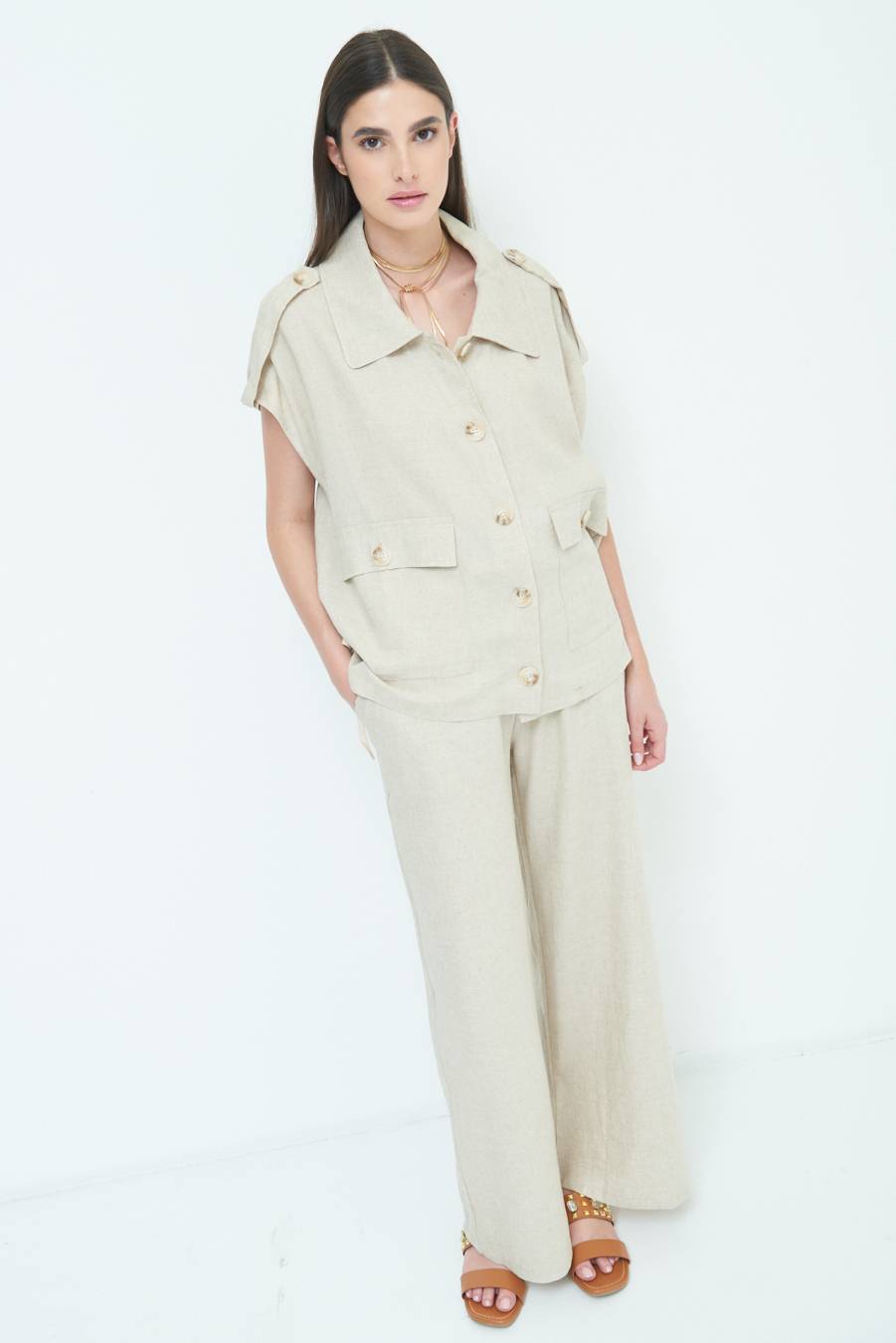 Kikisix GIACCA CAMICIA CON TASCHE VISCOSA LINO NATURALE Promozione