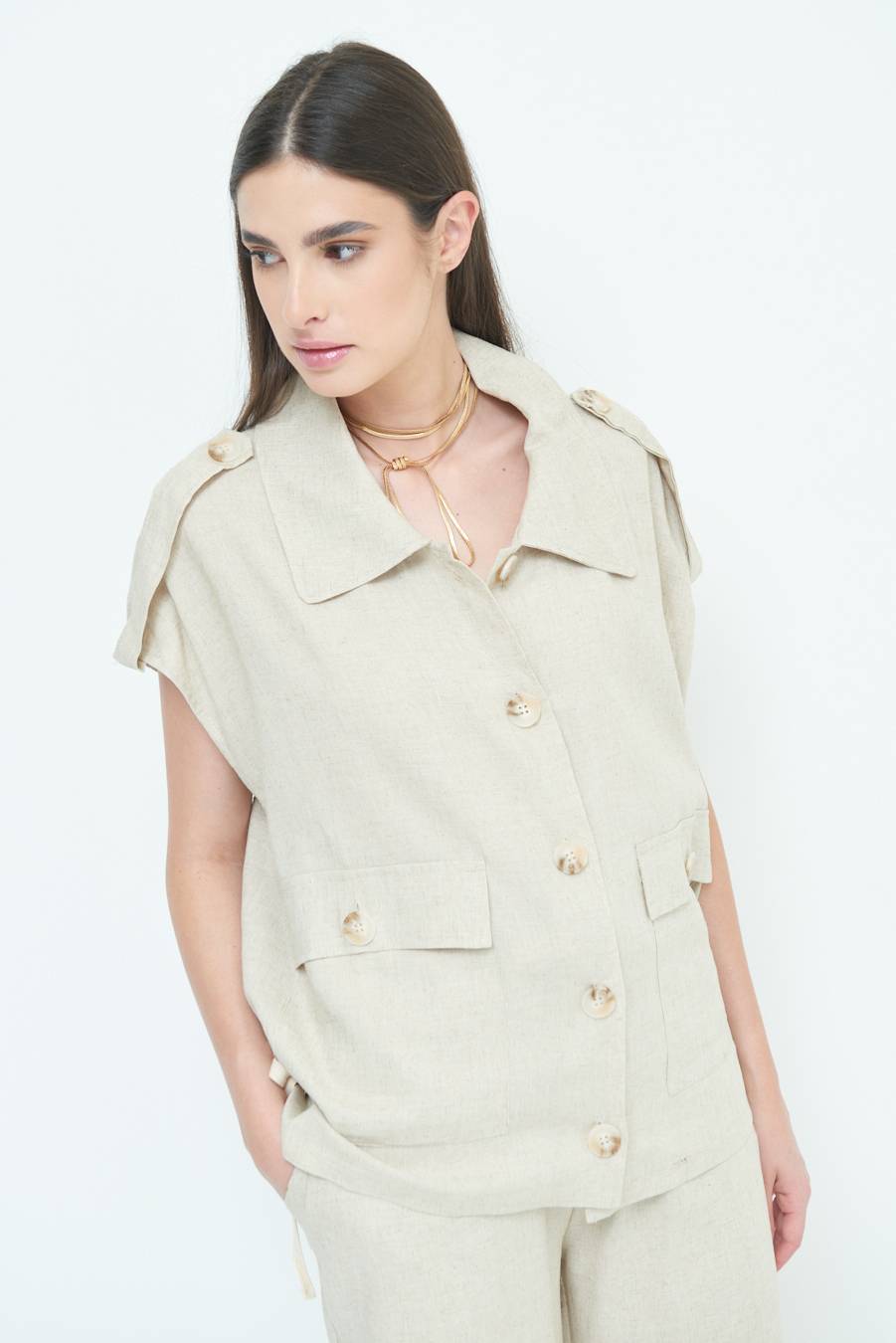 Kikisix GIACCA CAMICIA CON TASCHE VISCOSA LINO NATURALE Promozione