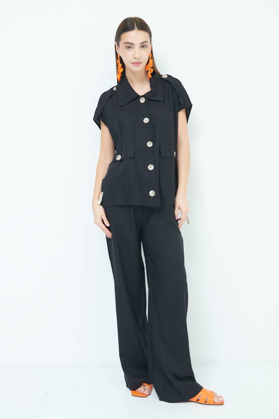 Kikisix GIACCA CAMICIA CON TASCHE VISCOSA LINO NERO Spedizione Gratuita