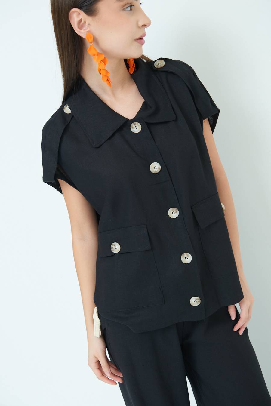 Kikisix GIACCA CAMICIA CON TASCHE VISCOSA LINO NERO Spedizione Gratuita