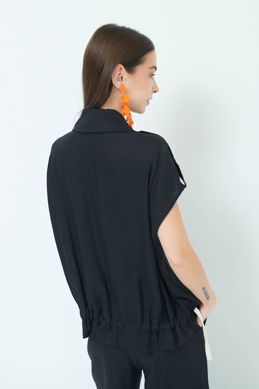 Kikisix GIACCA CAMICIA CON TASCHE VISCOSA LINO NERO Spedizione Gratuita