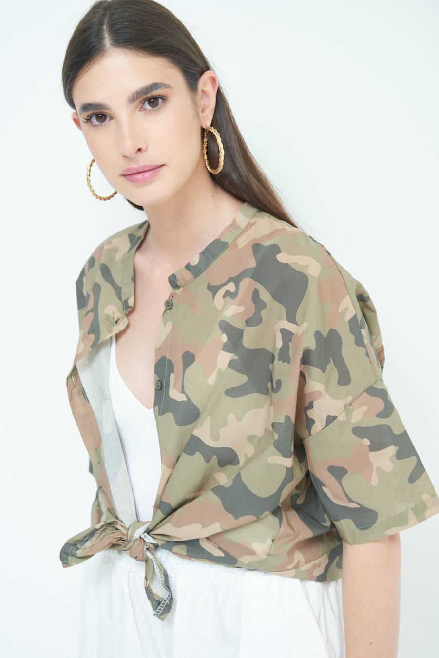 Kikisix CAMICIA CON NODO CAMOUFLAGE VERDE MILITARE Pezzi Unici