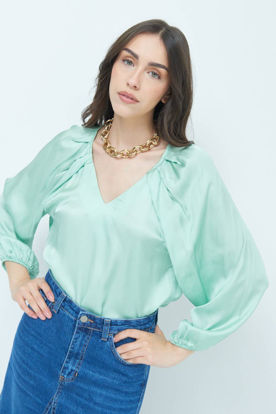 Kikisix CASACCA SCOLLO V RASO VISCOSA VERDE Nuova