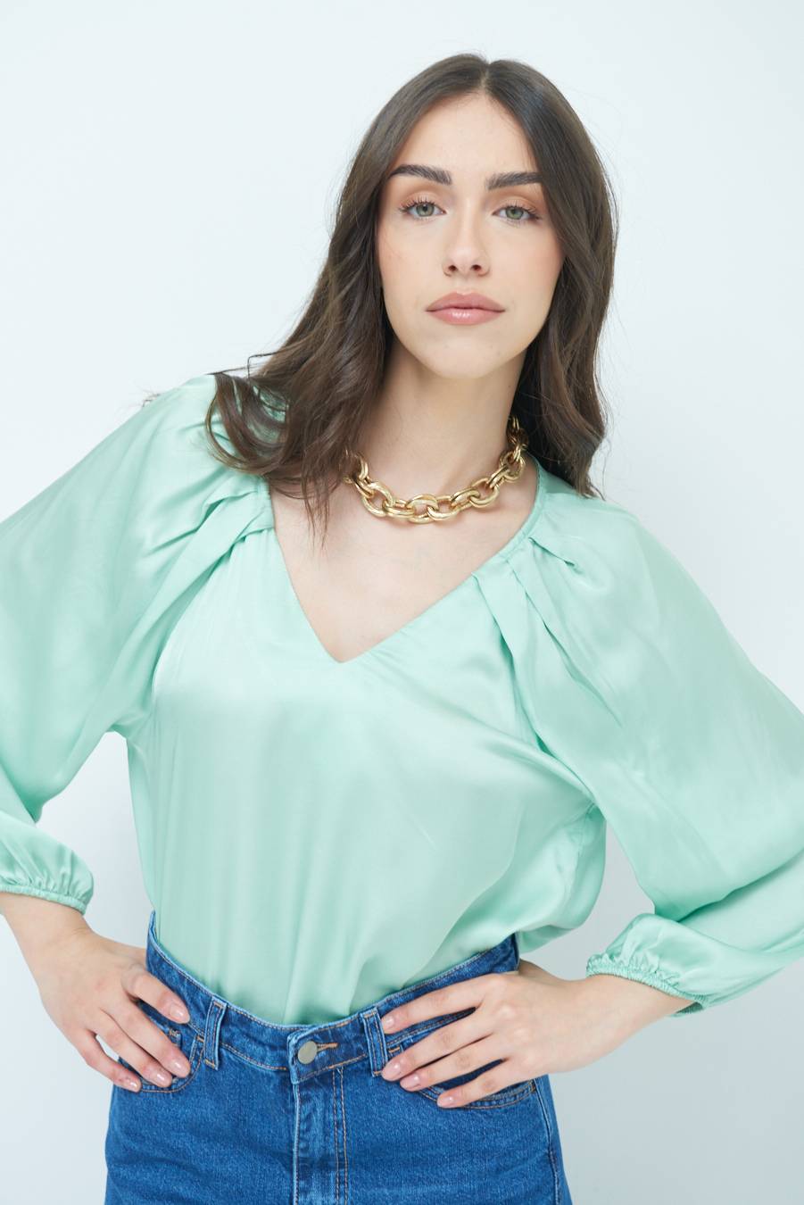 Kikisix CASACCA SCOLLO V RASO VISCOSA VERDE Nuova