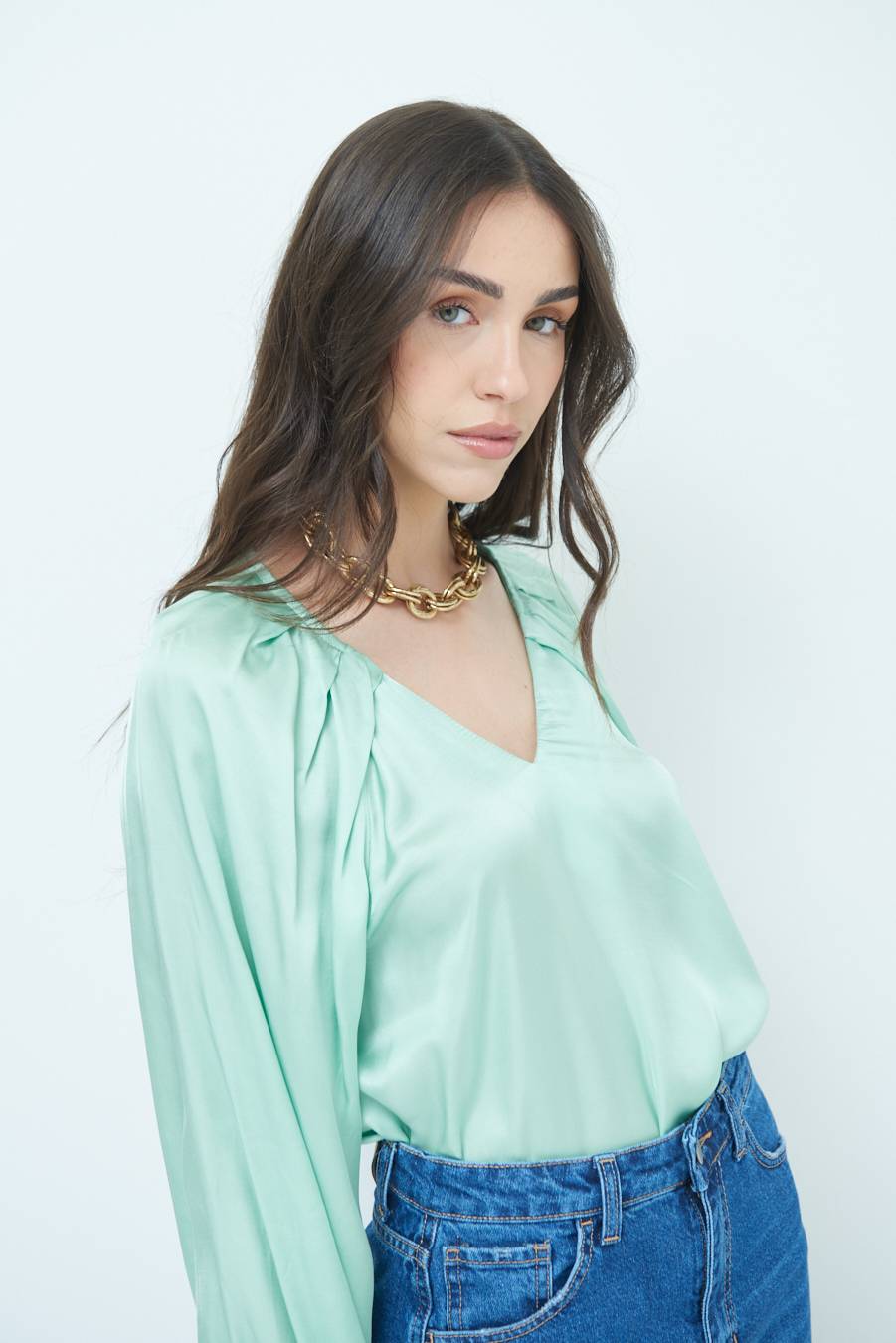 Kikisix CASACCA SCOLLO V RASO VISCOSA VERDE Nuova