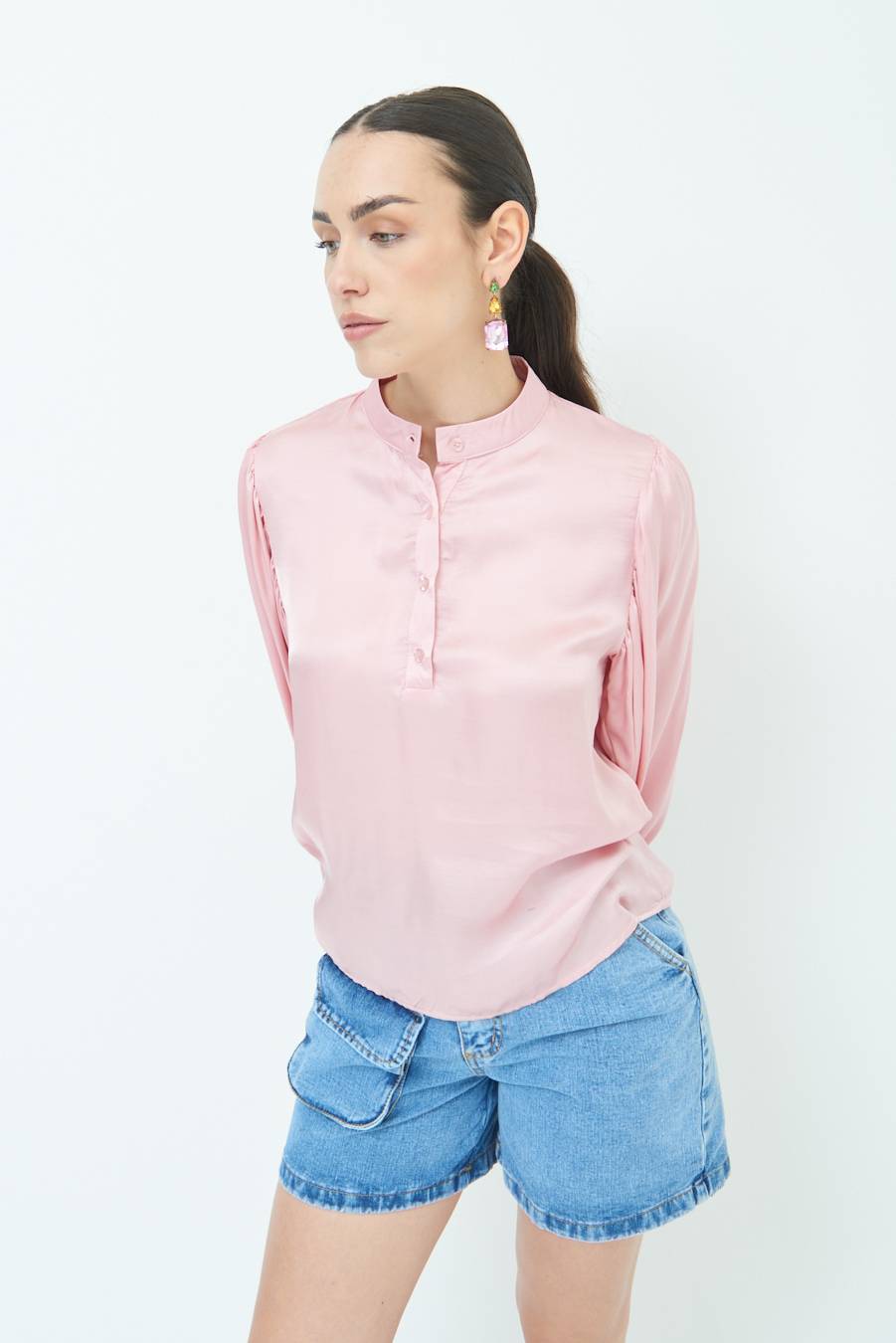 Kikisix CAMICIA POLO RASO VISCOSA ROSA Nuovo