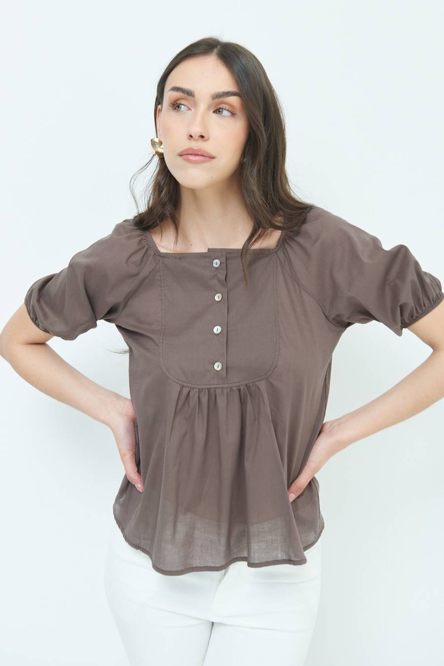 Kikisix CAMICIA CON BOTTONCINI DAV. COTONE COFFEE Soddisfazione Garantita