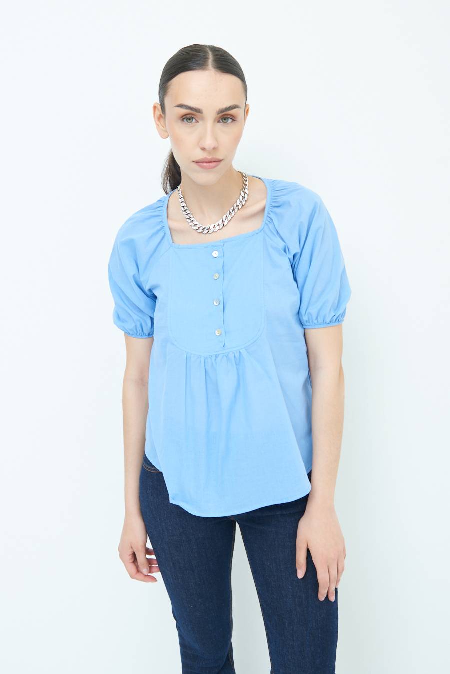 Kikisix CAMICIA CON BOTTONCINI DAV. COTONE CELESTE Qualità Garantita