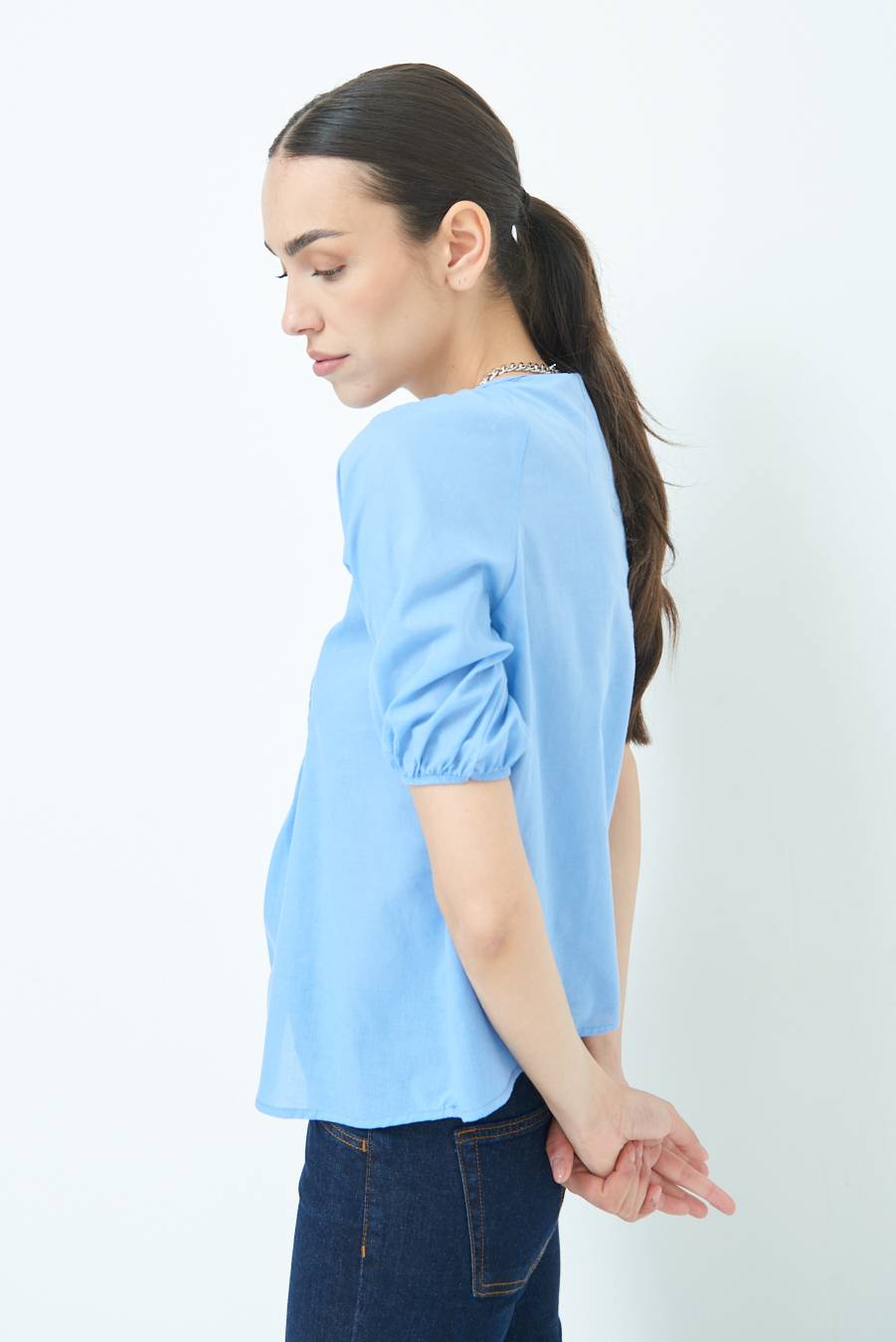 Kikisix CAMICIA CON BOTTONCINI DAV. COTONE CELESTE Qualità Garantita