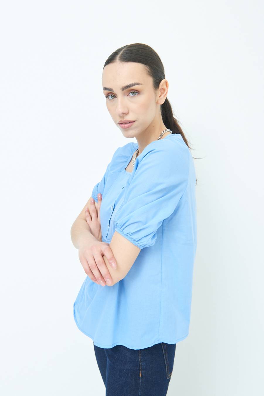 Kikisix CAMICIA CON BOTTONCINI DAV. COTONE CELESTE Qualità Garantita
