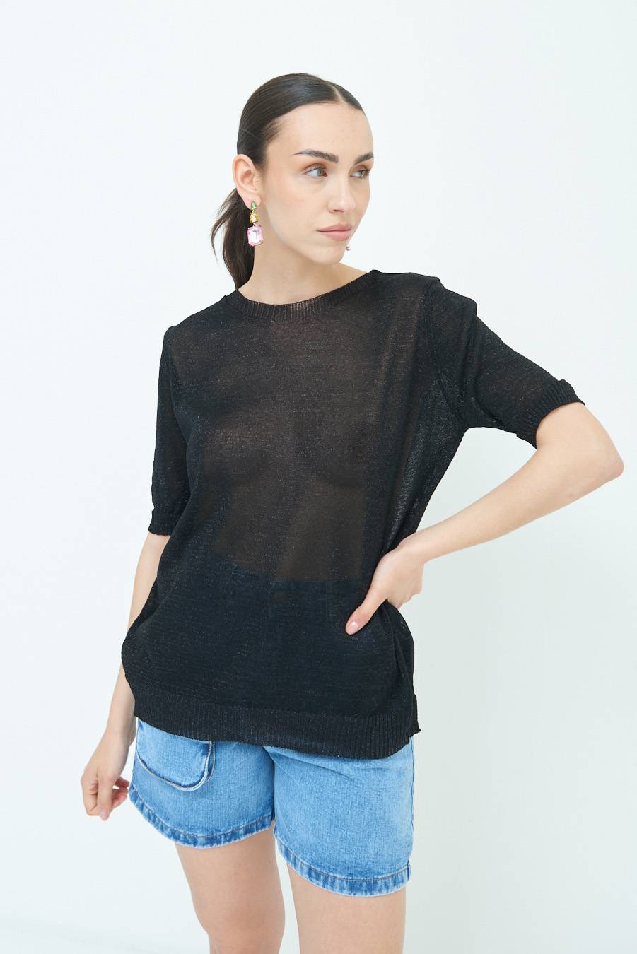 Kikisix MAGLIA LUREX PARICOLLO NERO Sconto