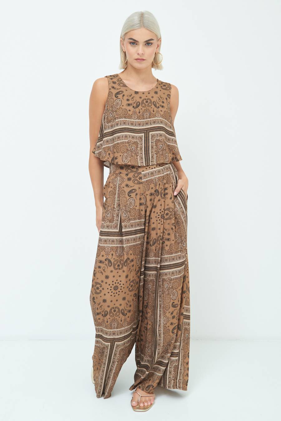 Kikisix PANTA PALAZZO CON PINCE STAMPA CAMMELLO Hotsell