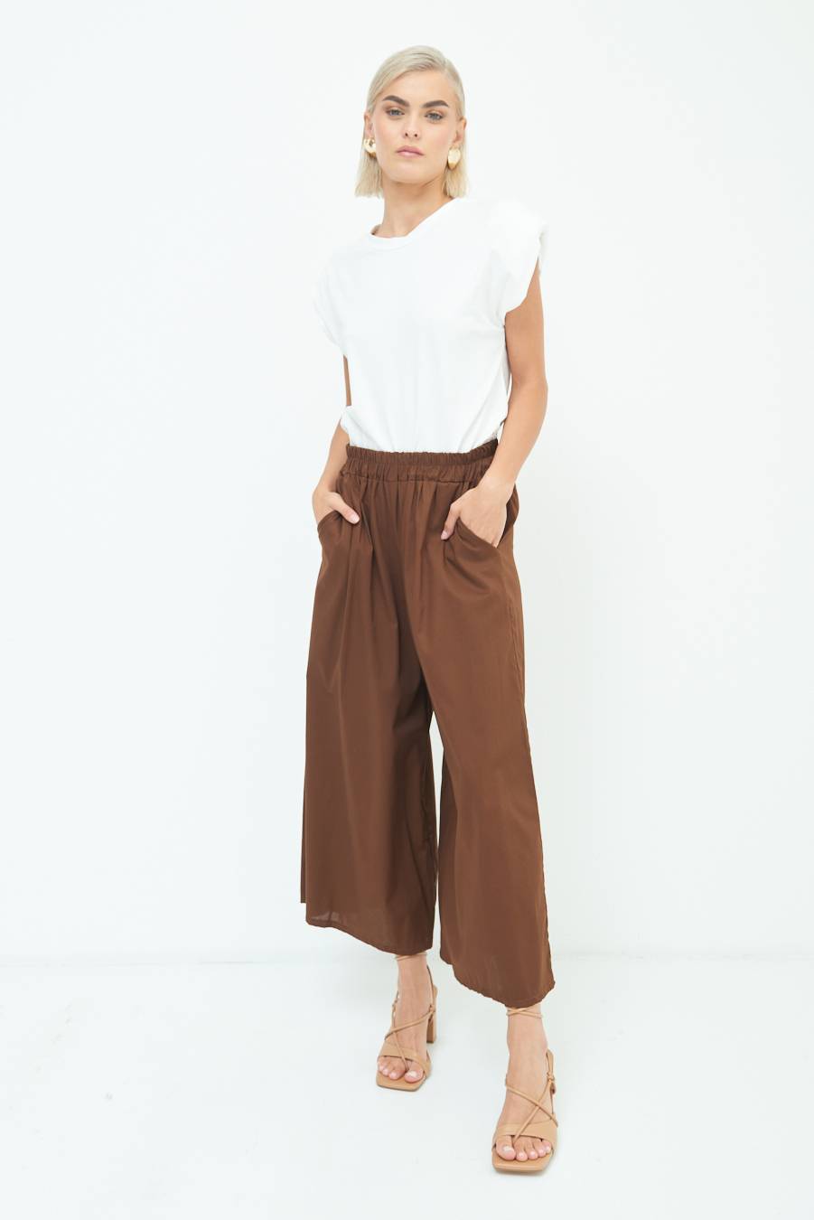 Kikisix PANTALONE CROP ELASTICO UNITO CIOCCOLATO Nuova