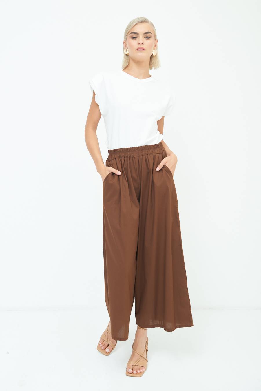 Kikisix PANTALONE CROP ELASTICO UNITO CIOCCOLATO Nuova