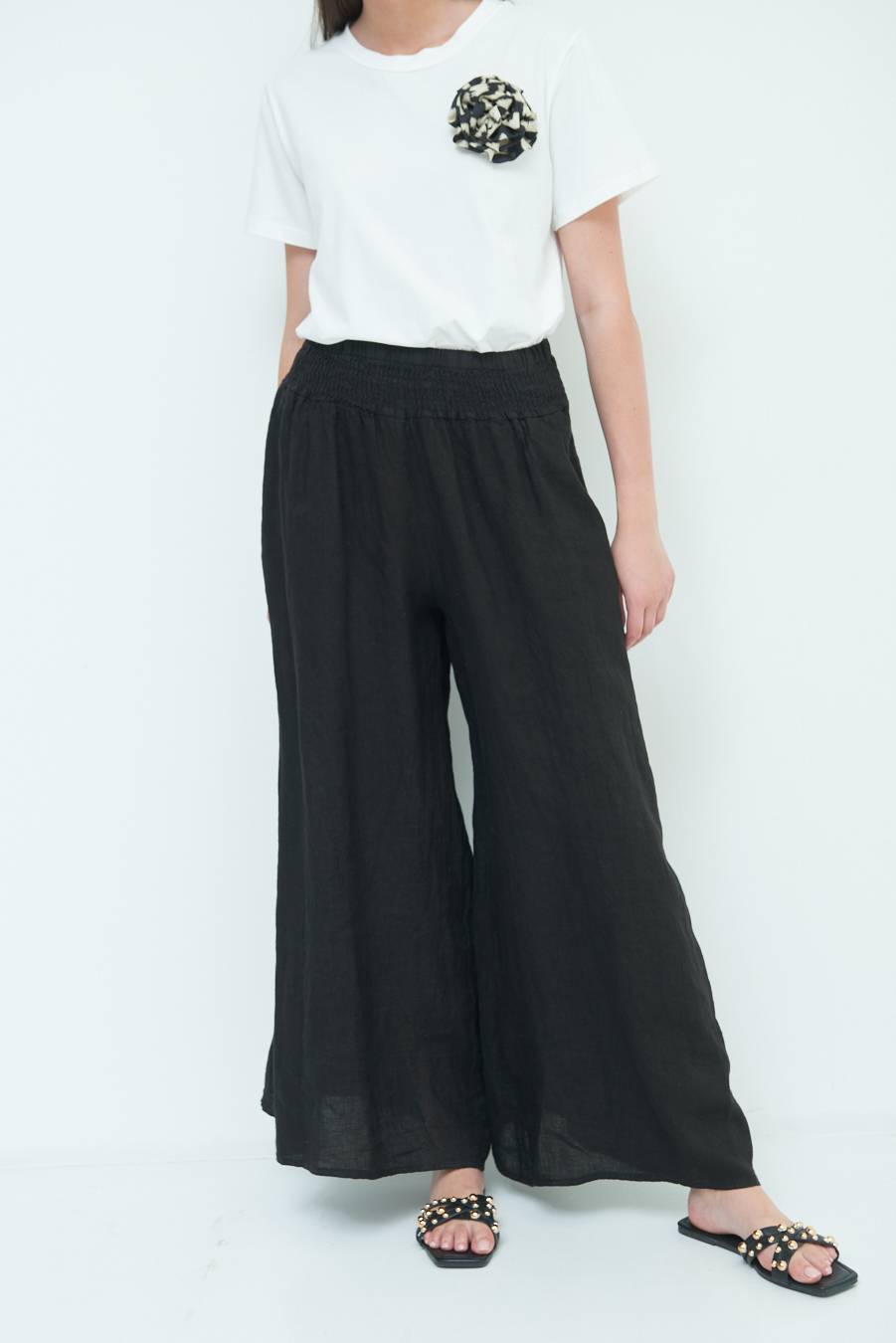 Kikisix PANTA PALAZZO LINO CON ELASTICI NERO 2025
