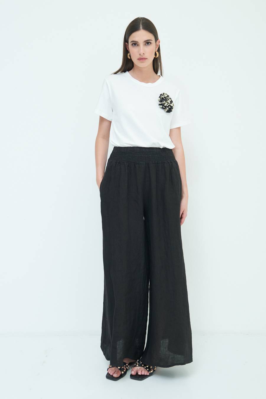 Kikisix PANTA PALAZZO LINO CON ELASTICI NERO 2025