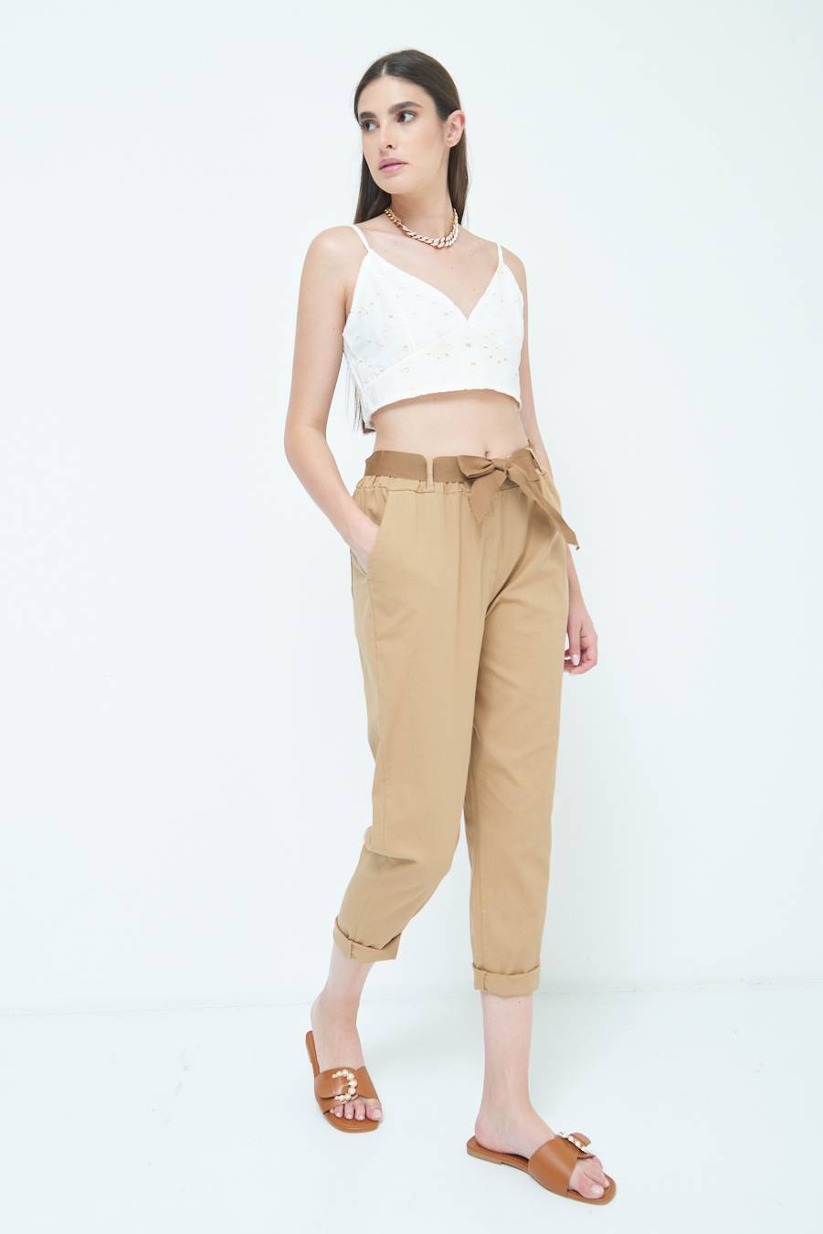 Kikisix PANTALONE DRITTO CON RISVOLTO CAMMELLO Nuovo