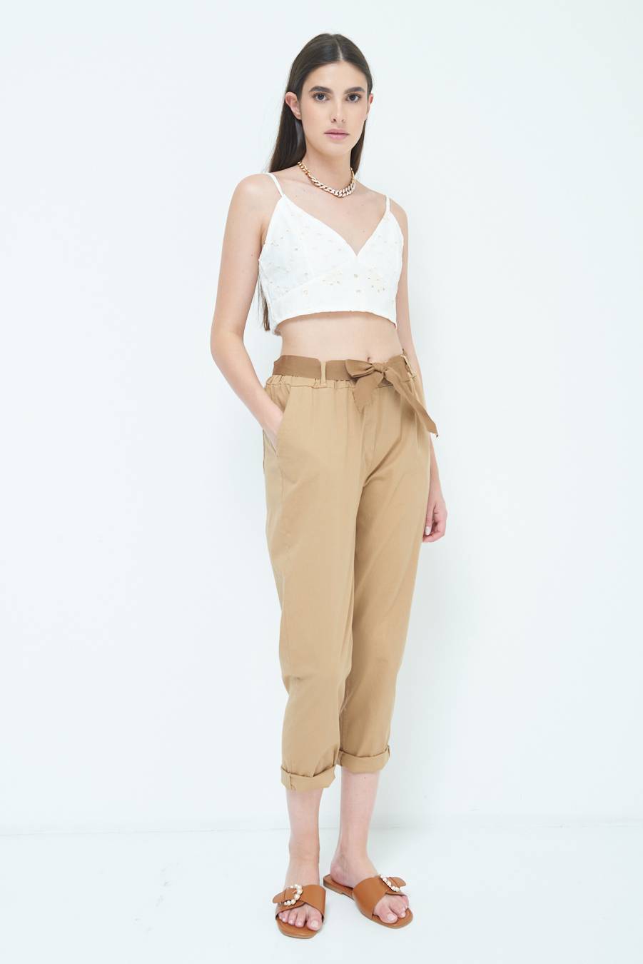 Kikisix PANTALONE DRITTO CON RISVOLTO CAMMELLO Nuovo