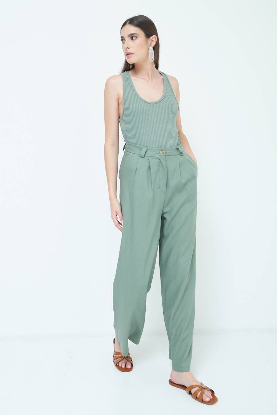 Kikisix PANTA PALAZZO CON PINCE VERDE MILITARE Pezzi Unici
