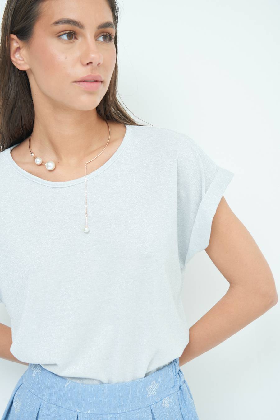 Kikisix T-SHIRT OVER CON RISVOLTO LUREX ARGENTO Italy
