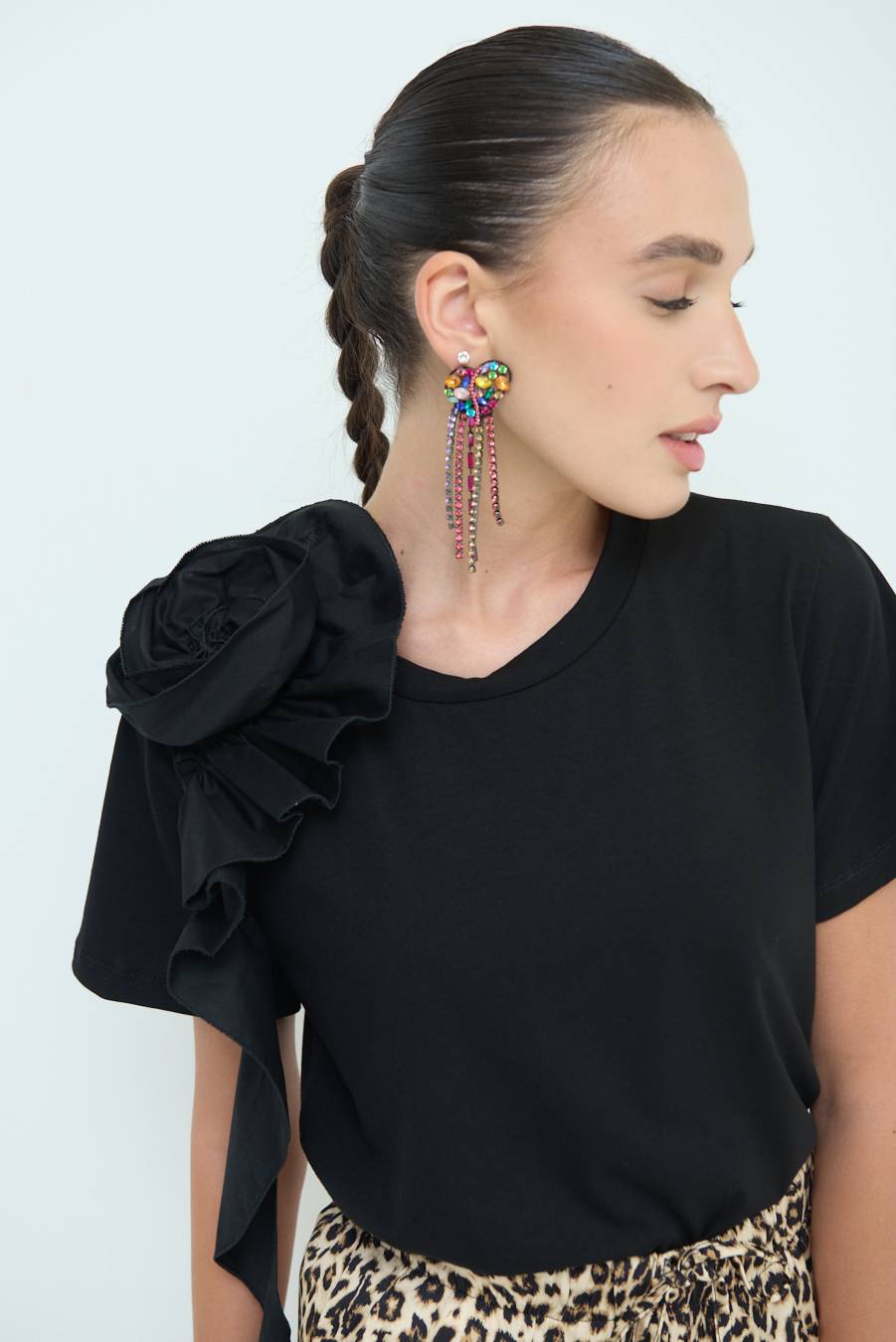 Kikisix T-SHIRT FIORE POPELINE NERO Pezzi Unici