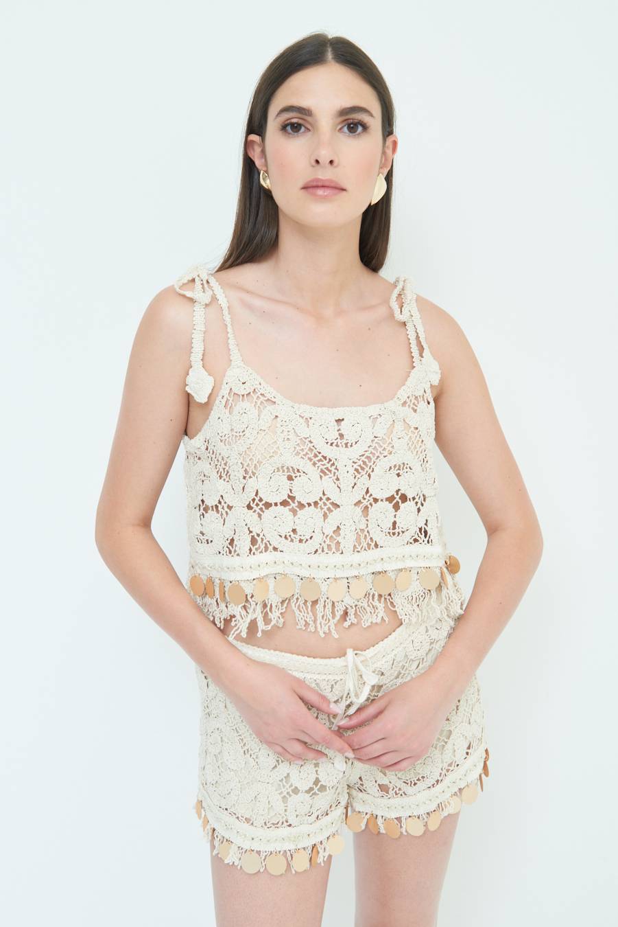 Kikisix TOP CROP CON MACRO PAILLETTES FONDO BEIGE Offerte