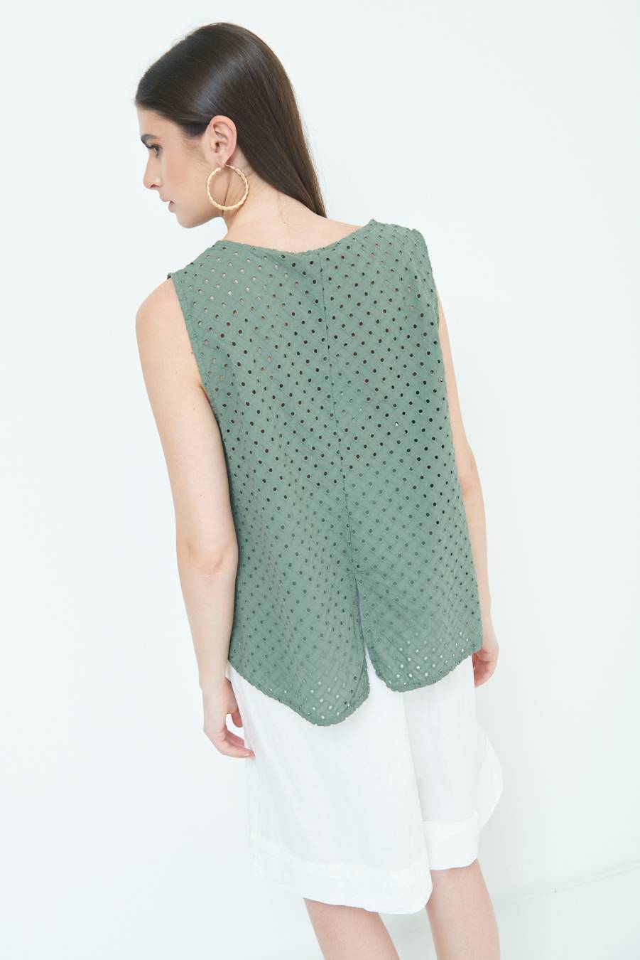Kikisix TOP SMANICATO SANGALLO VERDE MILITARE Vendita Economica