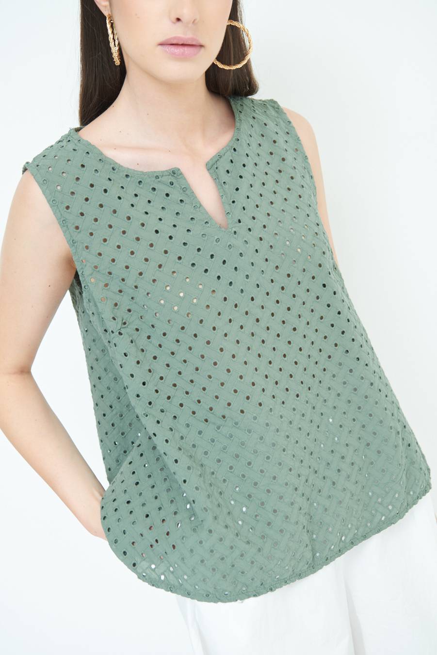 Kikisix TOP SMANICATO SANGALLO VERDE MILITARE Vendita Economica