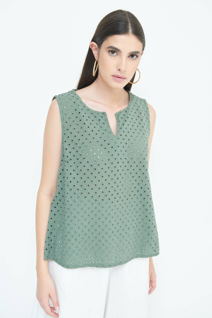 Kikisix TOP SMANICATO SANGALLO VERDE MILITARE Vendita Economica