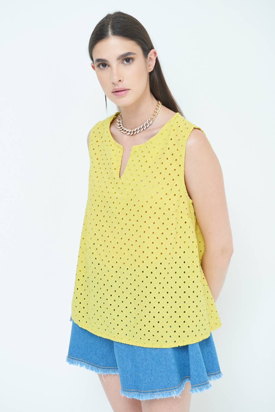 Kikisix TOP SMANICATO SANGALLO LIMONE Saldi Di Fabbrica