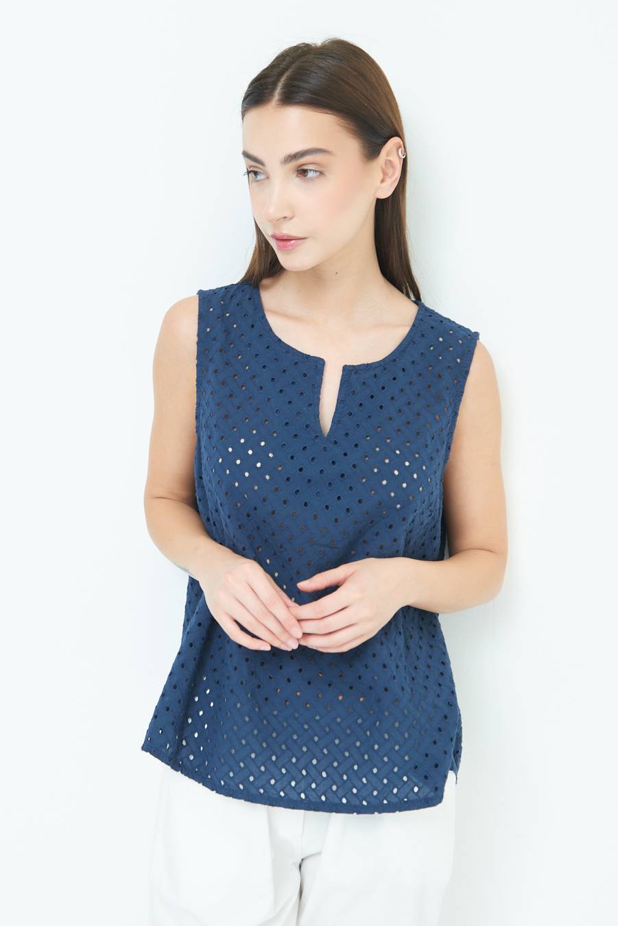 Kikisix TOP SMANICATO SANGALLO BLU Vendite Flash