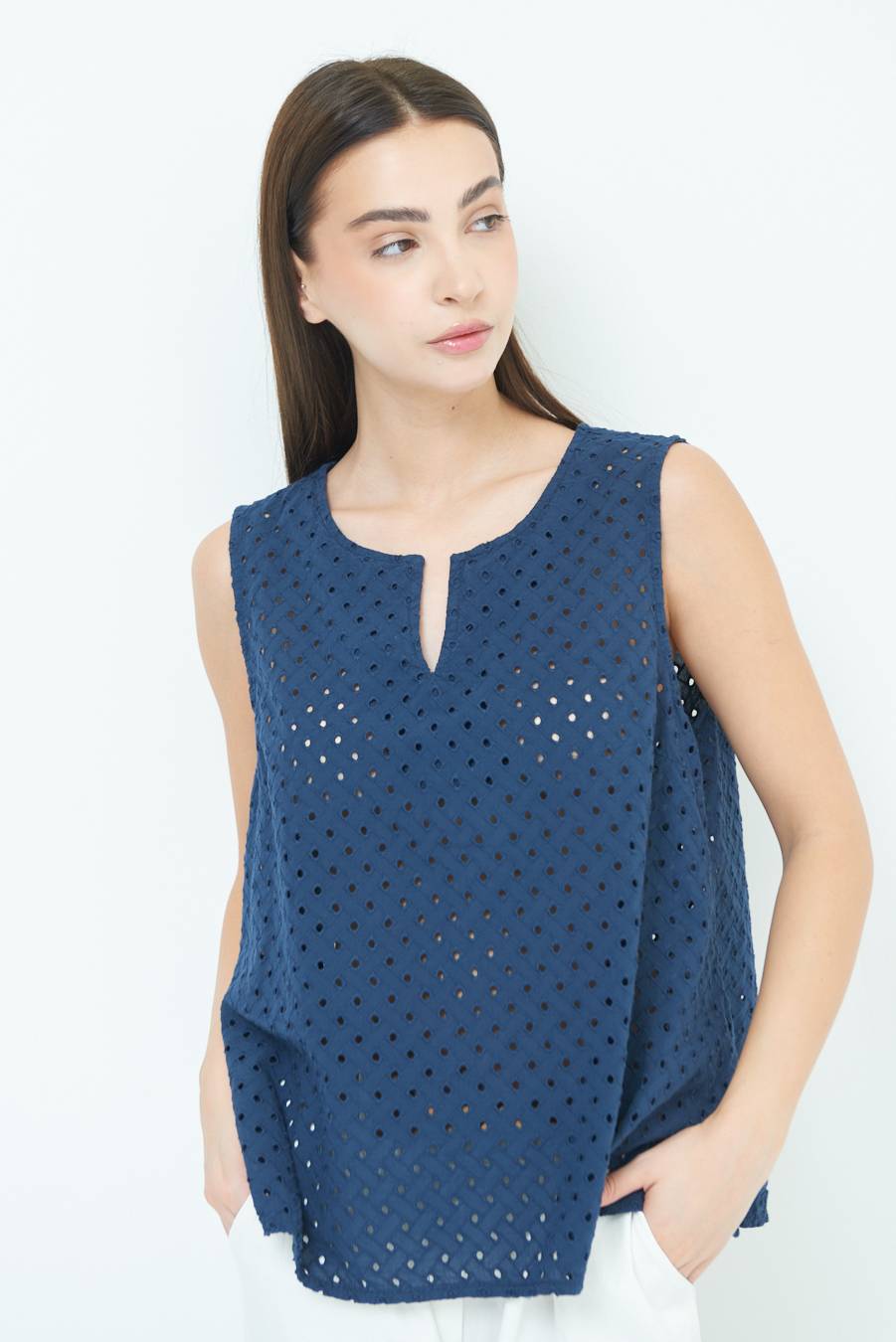 Kikisix TOP SMANICATO SANGALLO BLU Vendite Flash
