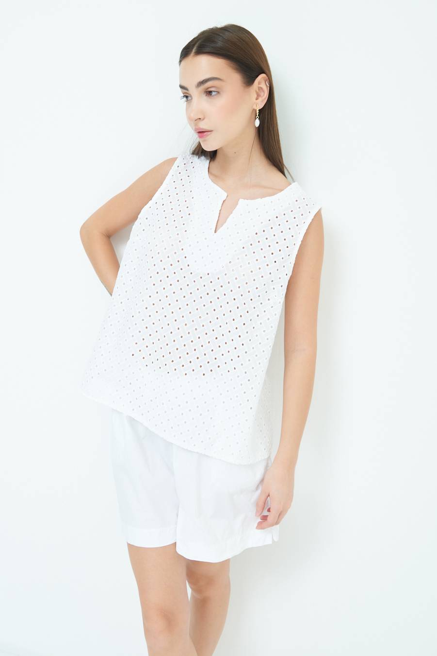 Kikisix TOP SMANICATO SANGALLO BIANCO Negozio