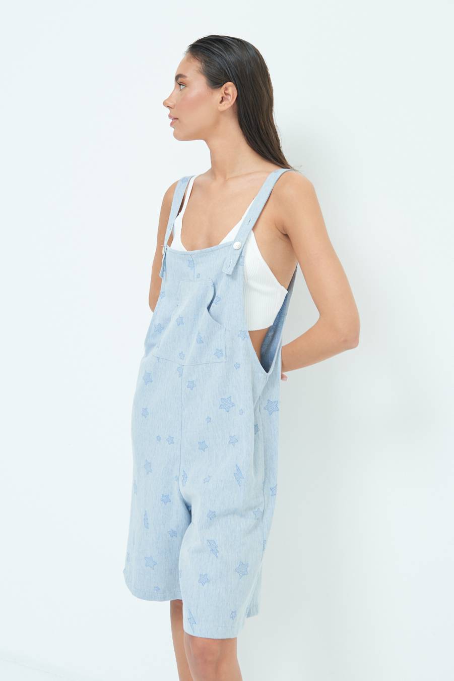 Kikisix SALOPETTE BERMUDA CON STELLE E FULMINI BLU CHIARO Pezzi Unici