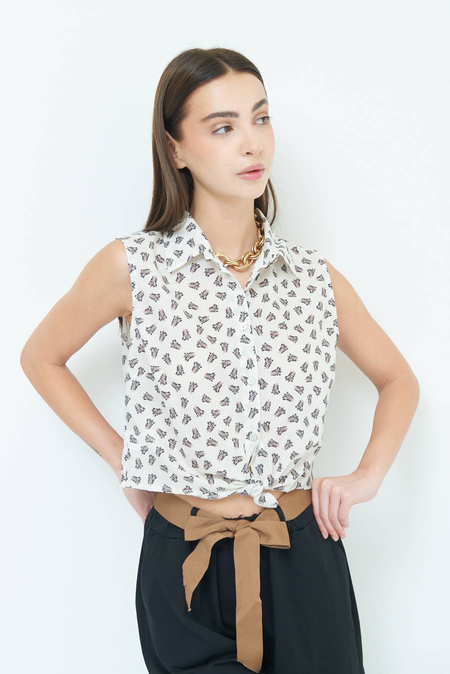 Kikisix CAMICIA SMANICATA CON NODO STAMPA NERO In Vendita