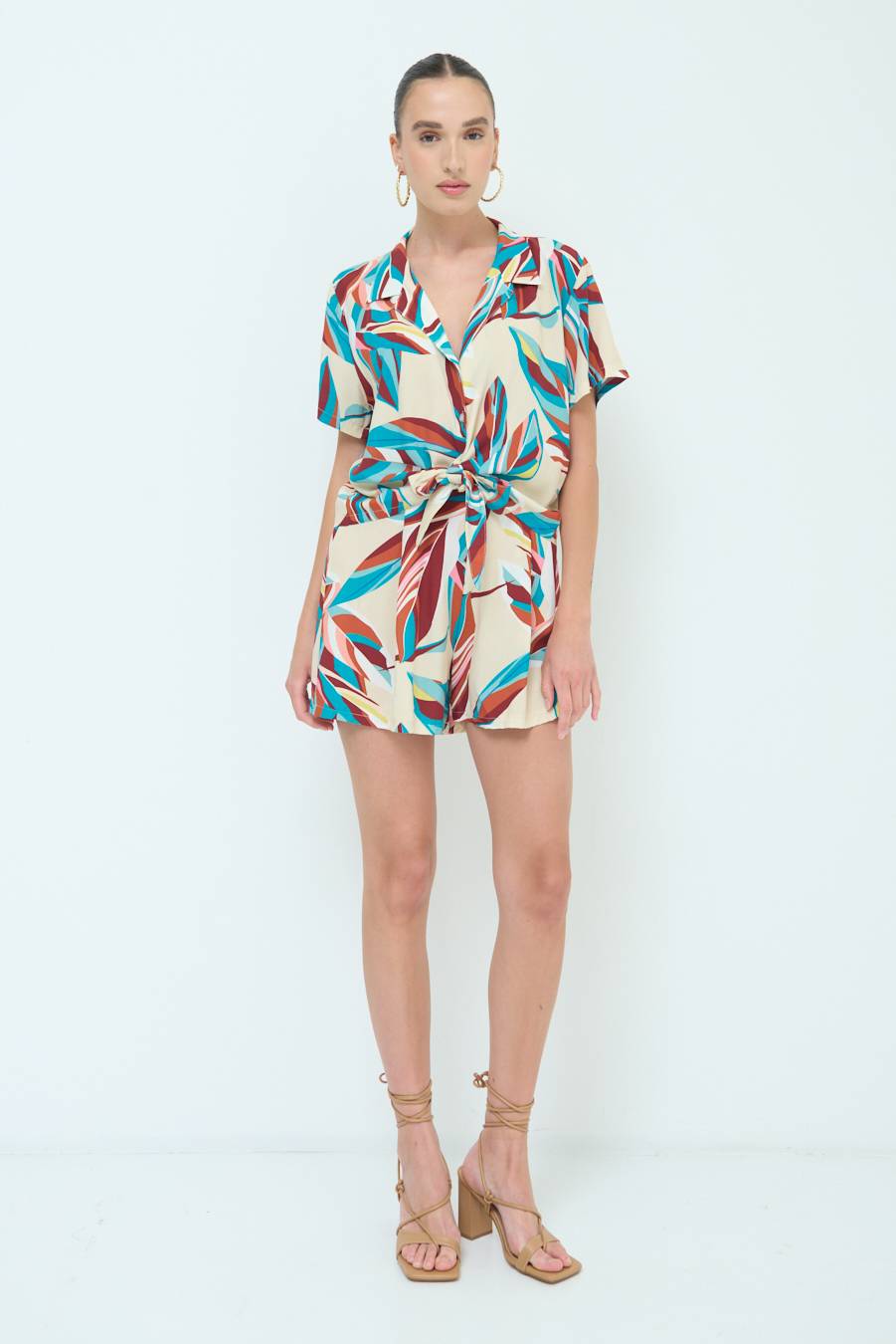 Kikisix CAMICIA ANNODATA STAMPATA A FOGLIE COLORATE ACQUA Vendite Flash