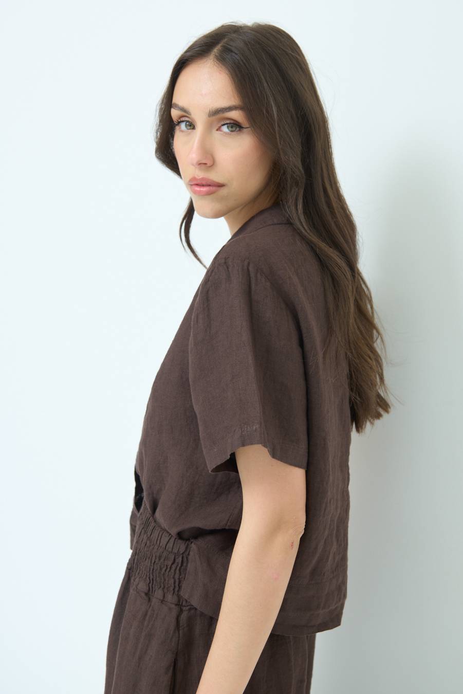 Kikisix CAMICIA LINO MEZZA MANICA CIOCCOLATO Negozio