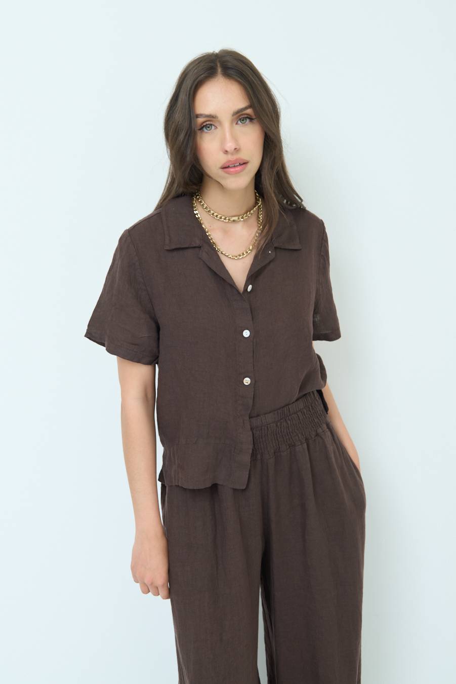 Kikisix CAMICIA LINO MEZZA MANICA CIOCCOLATO Negozio