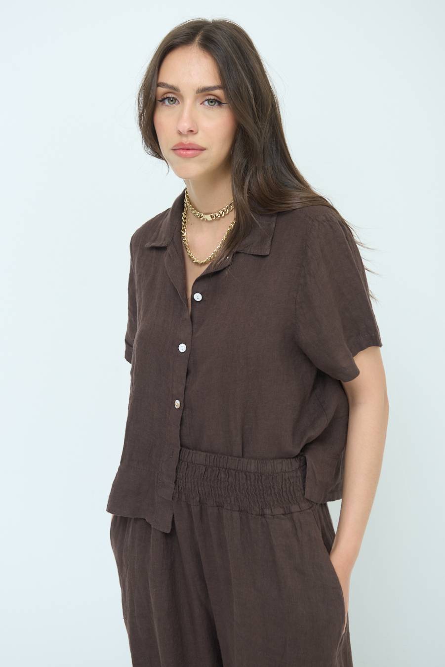 Kikisix CAMICIA LINO MEZZA MANICA CIOCCOLATO Negozio