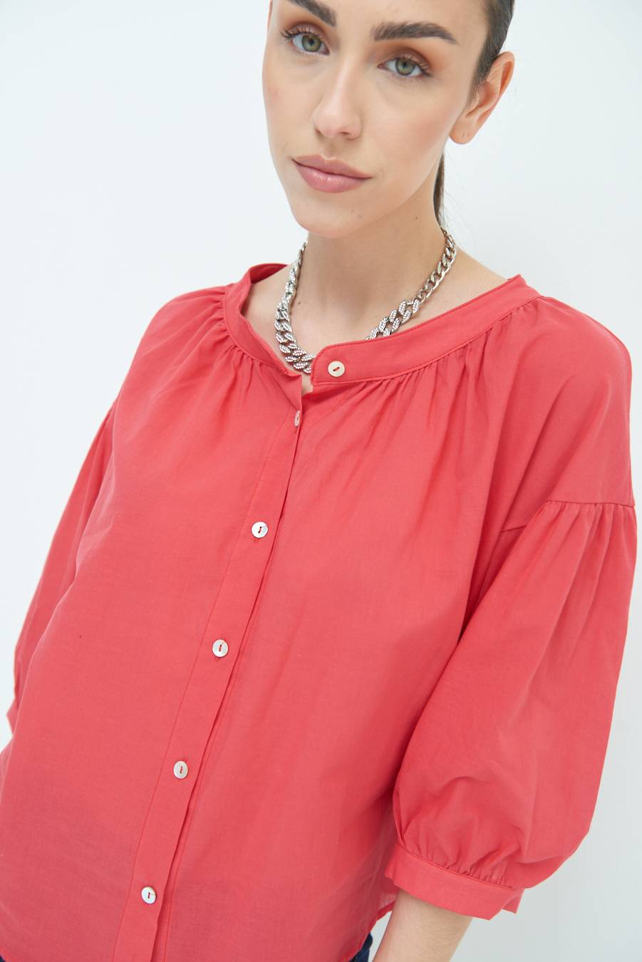 Kikisix CAMICIA SCOLLO INCRESPATO COTONE ROSSO Nuovo