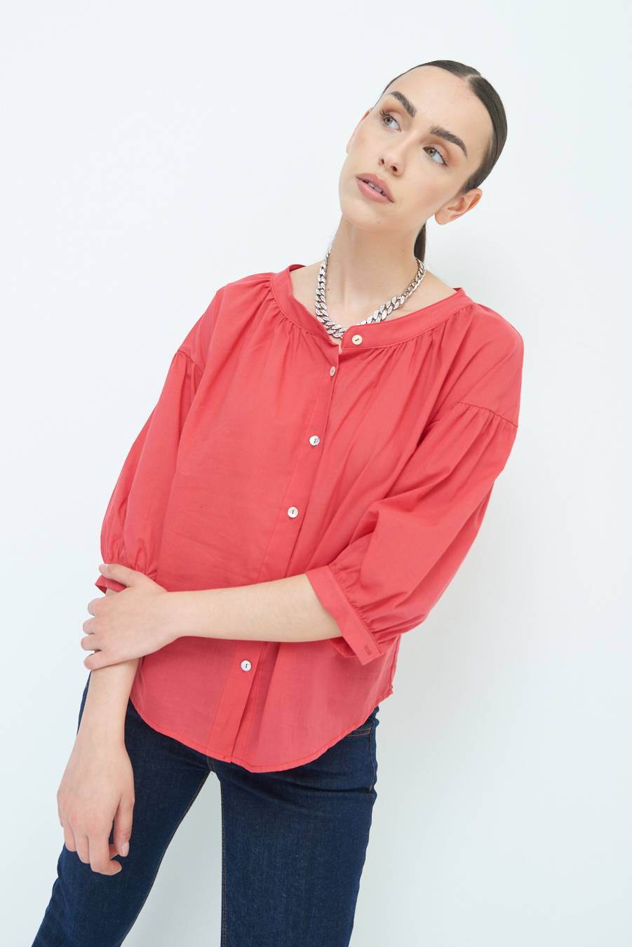 Kikisix CAMICIA SCOLLO INCRESPATO COTONE ROSSO Nuovo