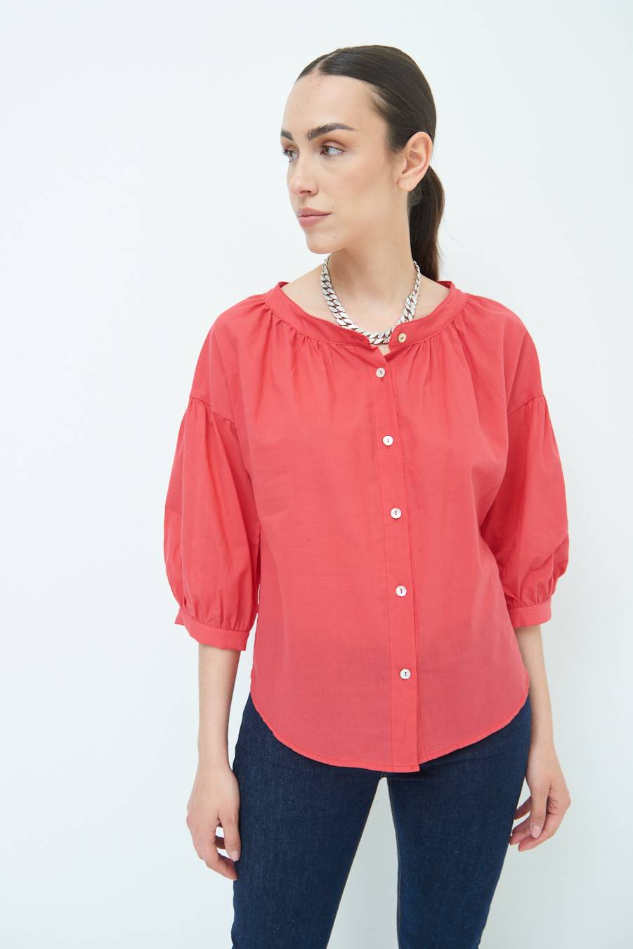 Kikisix CAMICIA SCOLLO INCRESPATO COTONE ROSSO Nuovo